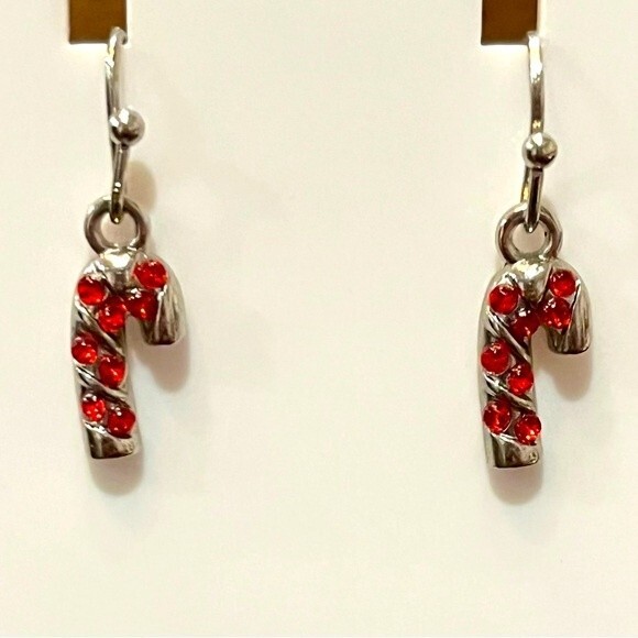 Small Candy Cane Dangle Fashion Earrings Silver Tone with Red Gems NEW - Picture 1 of 1